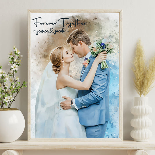 Digital Watercolor Wedding Portrait For Couples, 1st Wedding Anniversary Gift, Newly Wed Couple